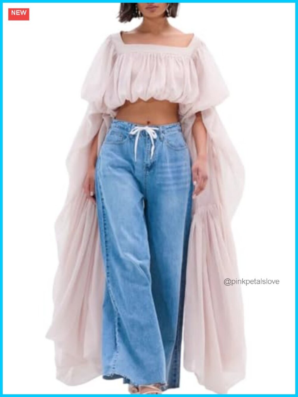 Wuitrie Bubble Crop Top Square Neck Chiffon Ruffled Puff Sleeve Womens Top